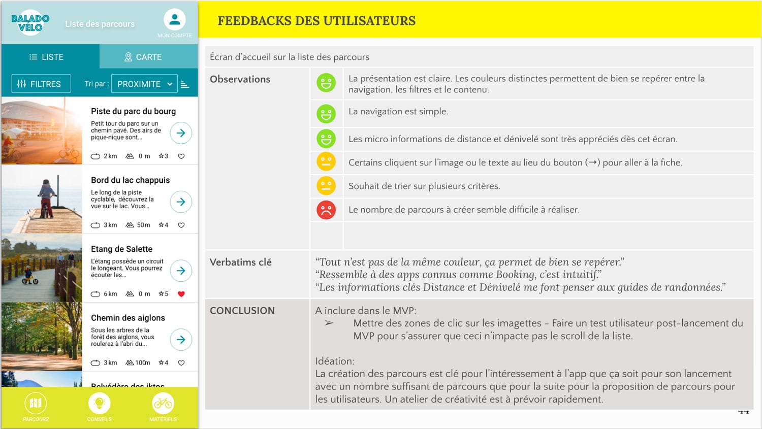 Example of a summary of user feedback on a given screen