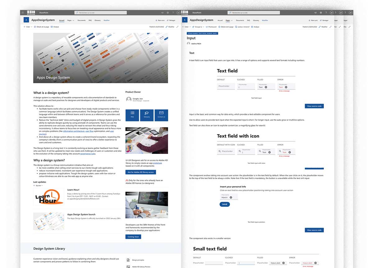 Quelques pages SharePoint de la documentation du Design System