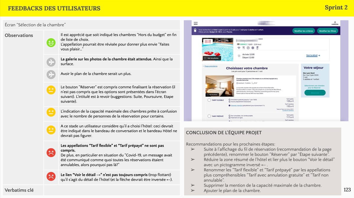 Example of a user test feedback summary sheet for a given screen